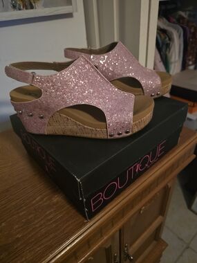 Corkys Pink Sparkle Cork Wedge Sandals